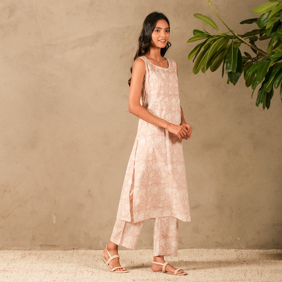 Pink Floral Hand Block Print Sleeveless Straight Kurta, Pearl Embroidery Details with Straight Pants (Set of 2)