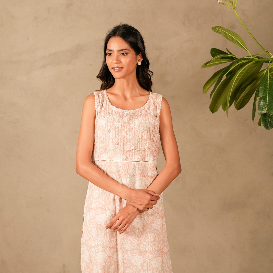 Pink Floral Hand Block Print Sleeveless Straight Kurta, Pearl Embroidery Details with Straight Pants (Set of 2)