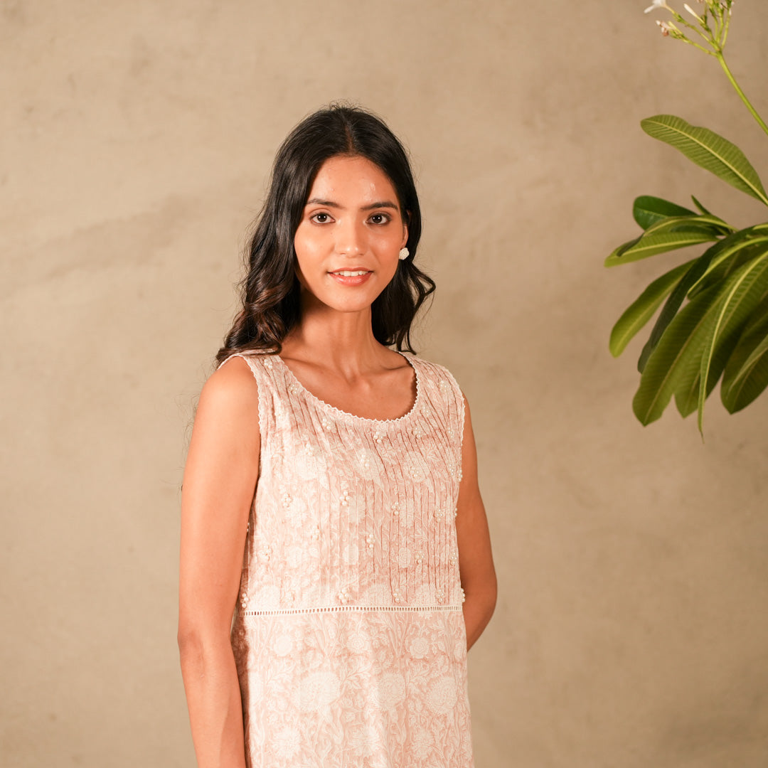 Pink Floral Hand Block Print Sleeveless Straight Kurta, Pearl Embroidery Details with Straight Pants (Set of 2)