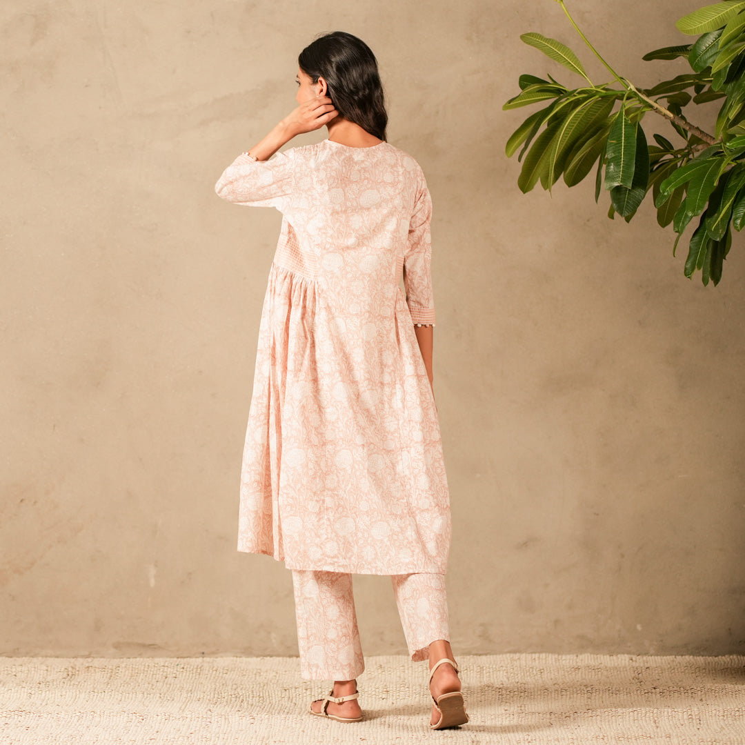 Pink Hand Block Printed Panelled Anarkali Kurta, Pearl and Thread Embroidery with Straight Pants (Set of 2)