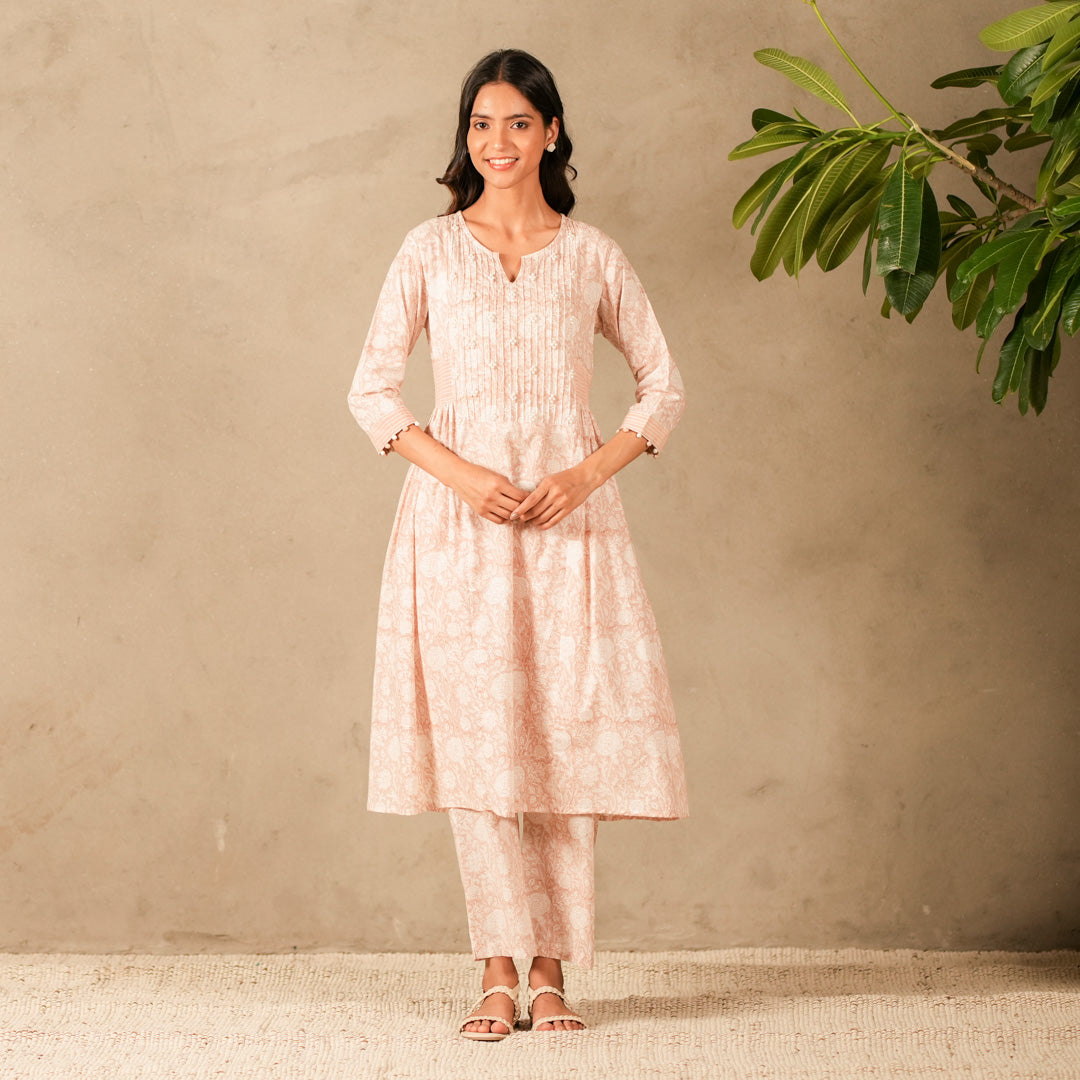 Pink Hand Block Printed Panelled Anarkali Kurta, Pearl and Thread Embroidery with Straight Pants (Set of 2)