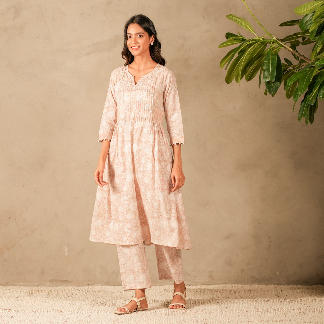 Pink Hand Block Printed Panelled Anarkali Kurta, Pearl and Thread Embroidery with Straight Pants (Set of 2)