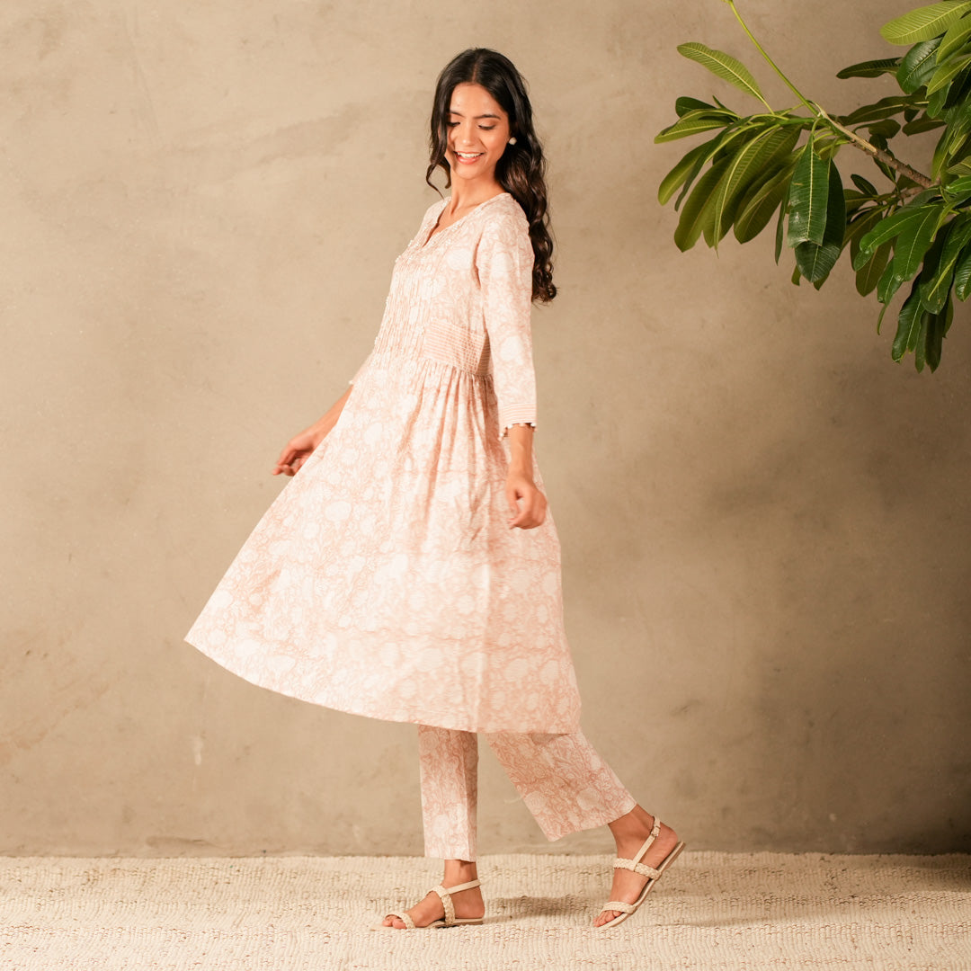 Pink Hand Block Printed Panelled Anarkali Kurta, Pearl and Thread Embroidery with Straight Pants (Set of 2)