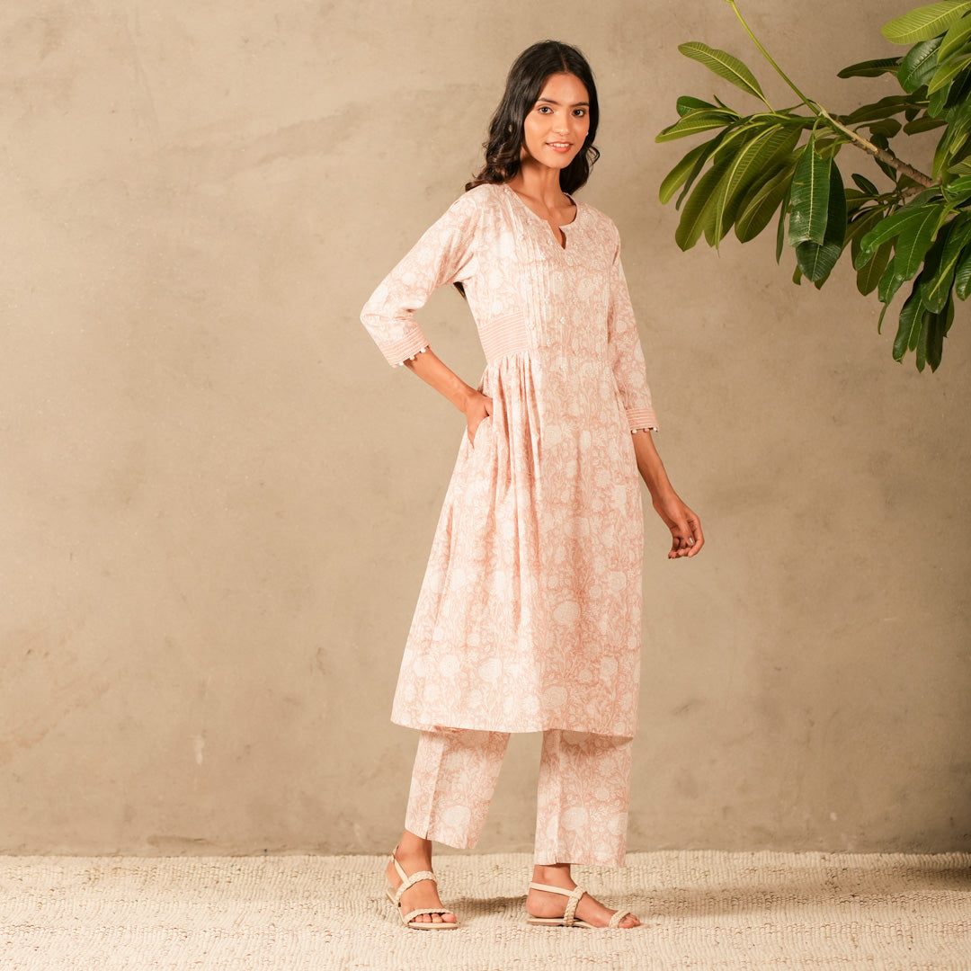 Pink Hand Block Printed Panelled Anarkali Kurta, Pearl and Thread Embroidery with Straight Pants (Set of 2)
