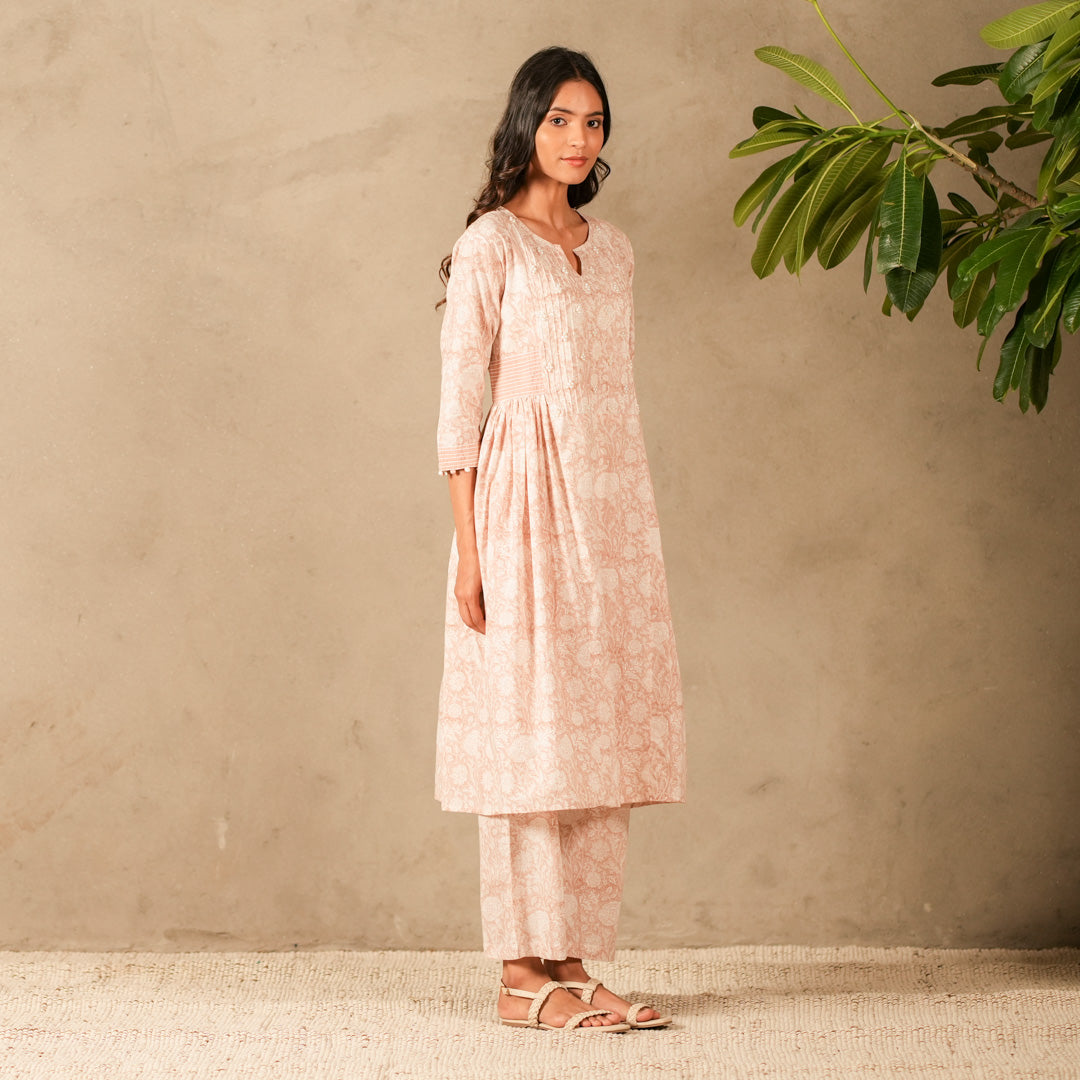 Pink Hand Block Printed Panelled Anarkali Kurta, Pearl and Thread Embroidery with Straight Pants (Set of 2)