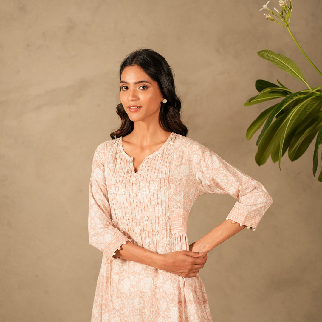 Pink Hand Block Printed Panelled Anarkali Kurta, Pearl and Thread Embroidery with Straight Pants (Set of 2)