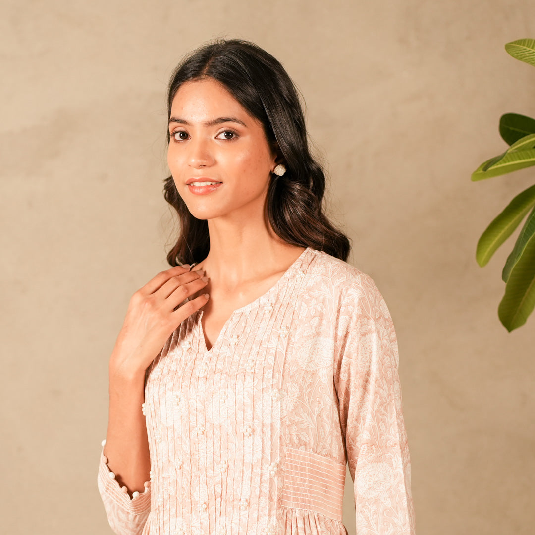 Pink Hand Block Printed Panelled Anarkali Kurta, Pearl and Thread Embroidery with Straight Pants (Set of 2)