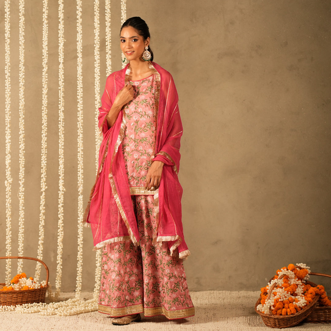 Pink Floral Printed Short kurta with Spaghetti Straps with Sharara Pants and Dupatta (Set of 3)