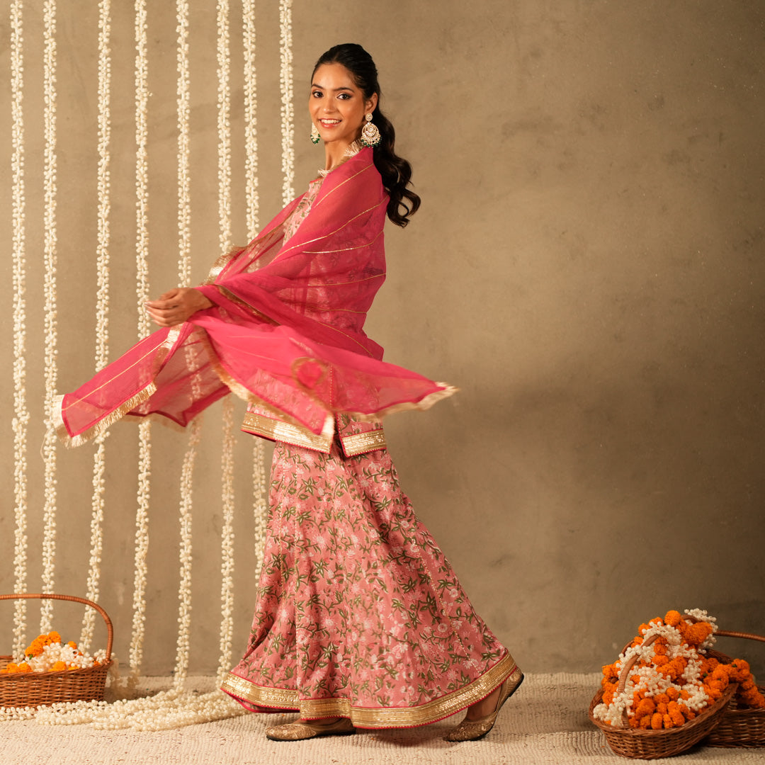 Pink Floral Printed Short kurta with Spaghetti Straps with Sharara Pants and Dupatta (Set of 3)
