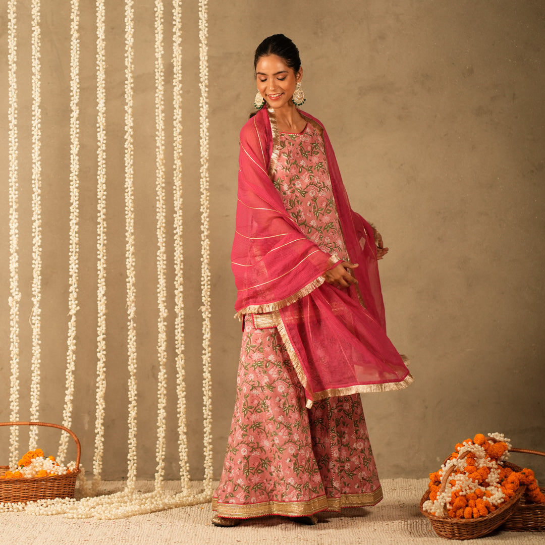 Pink Floral Printed Short kurta with Spaghetti Straps with Sharara Pants and Dupatta (Set of 3)
