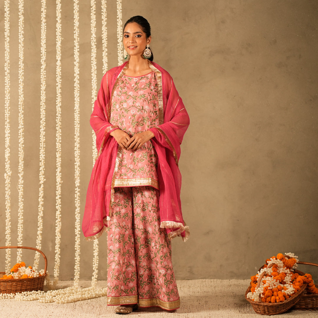 Pink Floral Printed Short kurta with Spaghetti Straps with Sharara Pants and Dupatta (Set of 3)