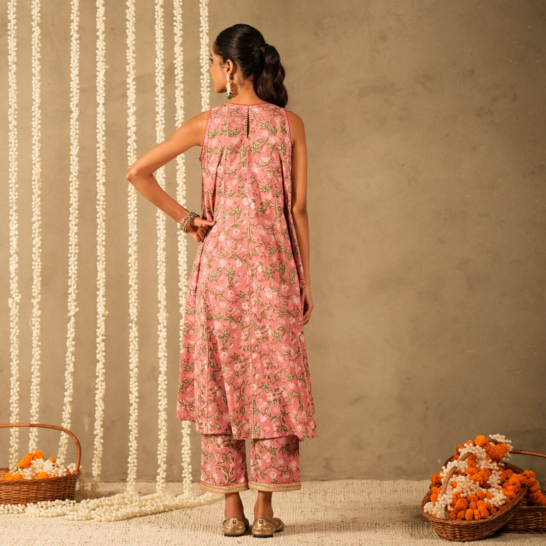 Pink Floral Printed Kalidar Sleeveless Long Kurta