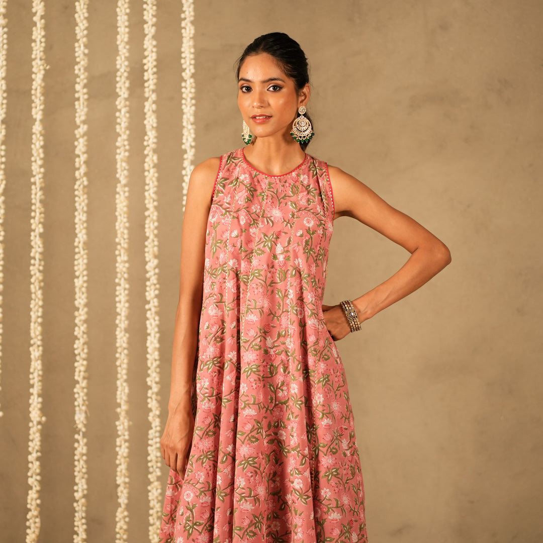 Pink Floral Printed Kalidar Sleeveless Long Kurta