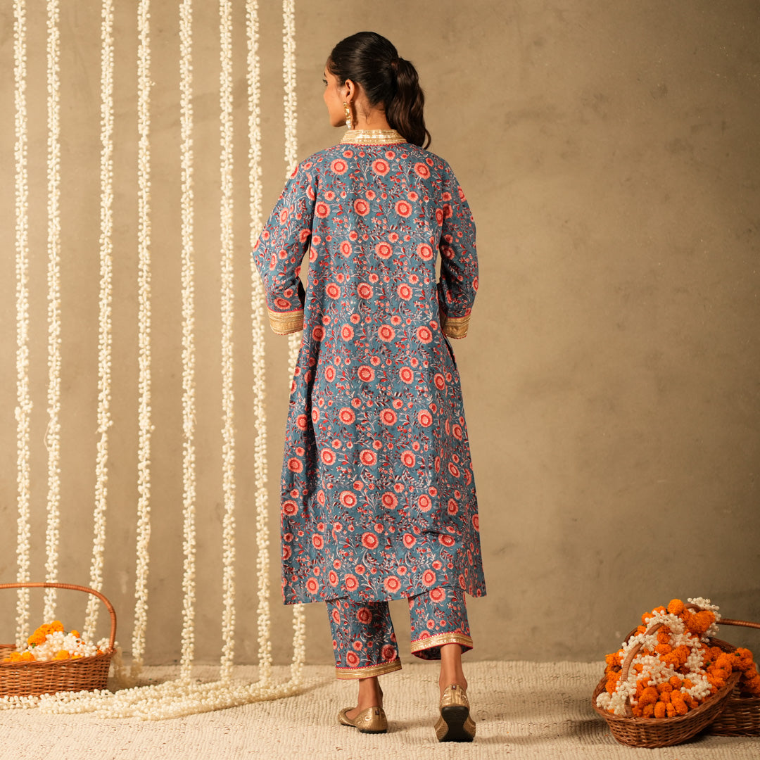 Blue Floral Printed V Neck Long A Line Kurta with Straight Pants and Dupatta (Set of 3)