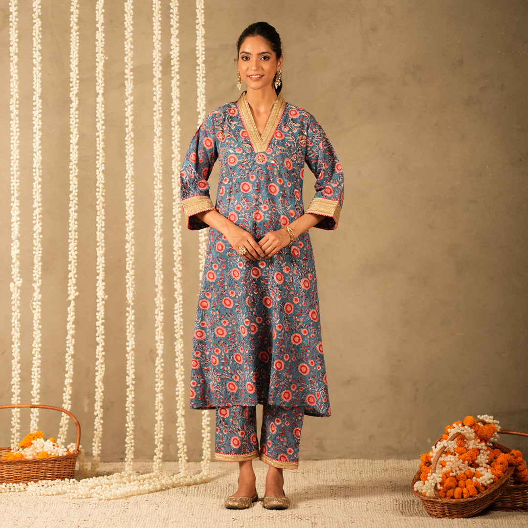 Blue Floral Printed V Neck Long A Line Kurta with Straight Pants and Dupatta (Set of 3)