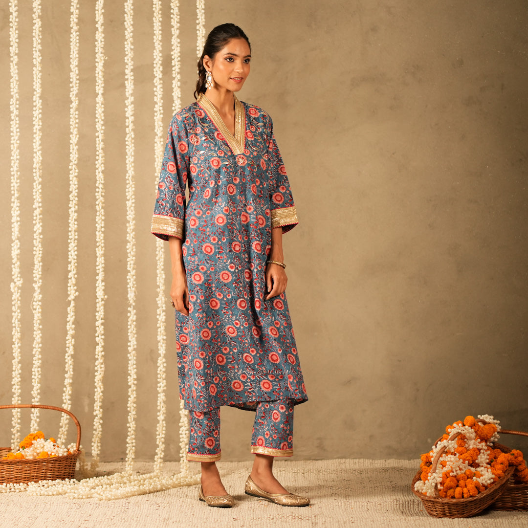 Blue Floral Printed V Neck Long A Line Kurta with Straight Pants and Dupatta (Set of 3)