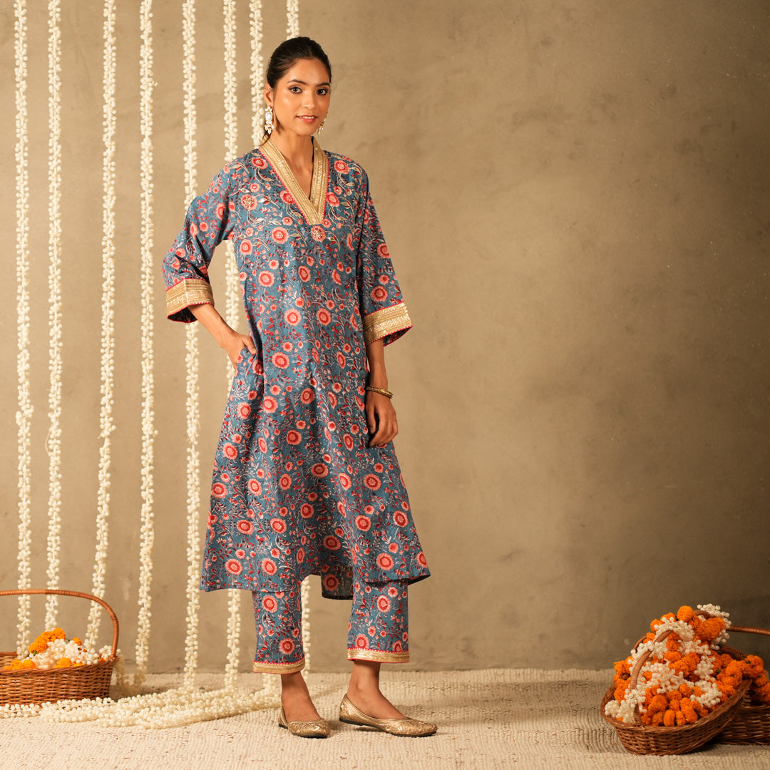 Blue Floral Printed V Neck Long A Line Kurta with Straight Pants and Dupatta (Set of 3)