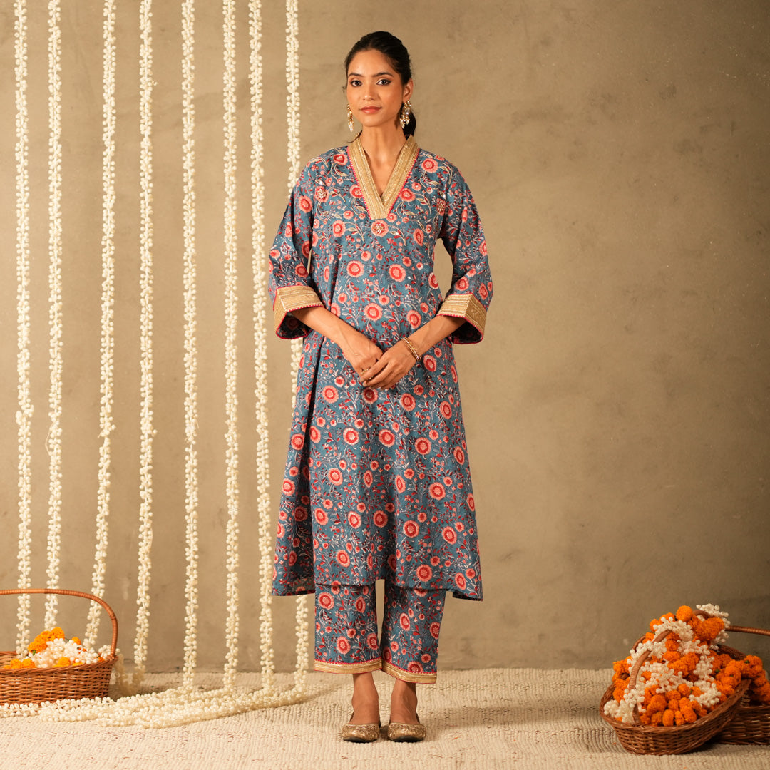 Blue Floral Printed V Neck Long A Line Kurta with Straight Pants and Dupatta (Set of 3)