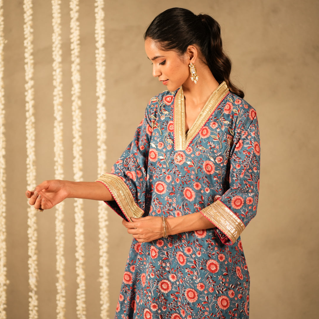 Blue Floral Printed V Neck Long A Line Kurta with Straight Pants and Dupatta (Set of 3)