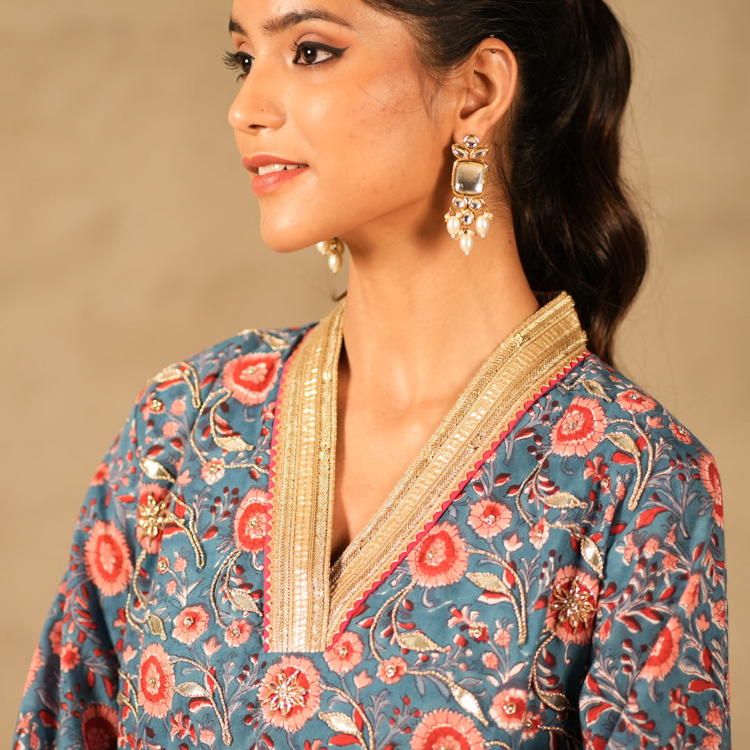 Blue Floral Printed V Neck Long A Line Kurta