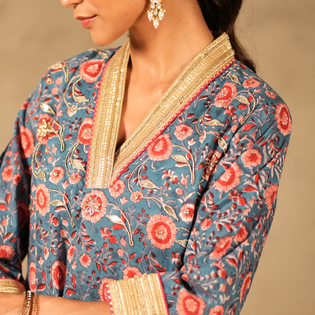 Blue Floral Printed V Neck Long A Line Kurta with Straight Pants and Dupatta (Set of 3)