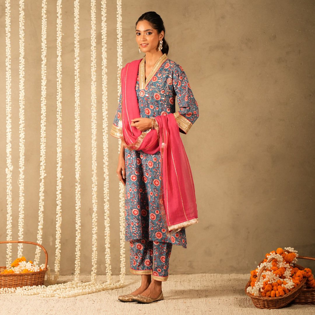 Blue Floral Printed V Neck Long A Line Kurta with Straight Pants and Dupatta (Set of 3)