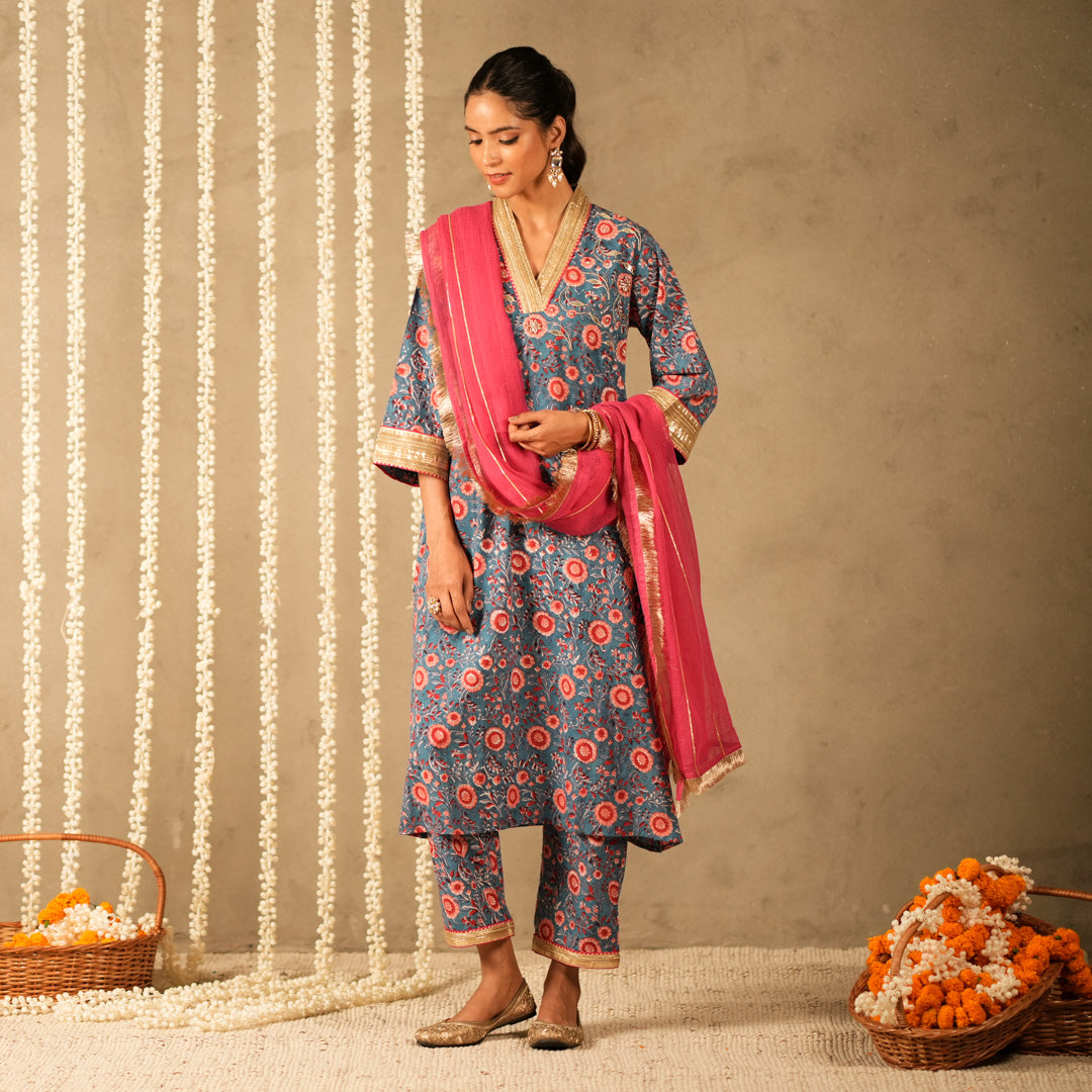 Blue Floral Printed V Neck Long A Line Kurta with Straight Pants and Dupatta (Set of 3)