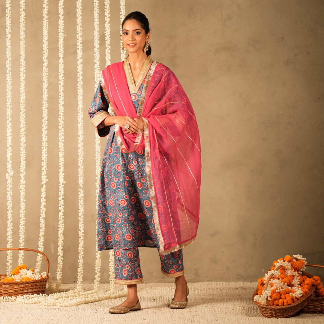 Blue Floral Printed V Neck Long A Line Kurta with Straight Pants and Dupatta (Set of 3)