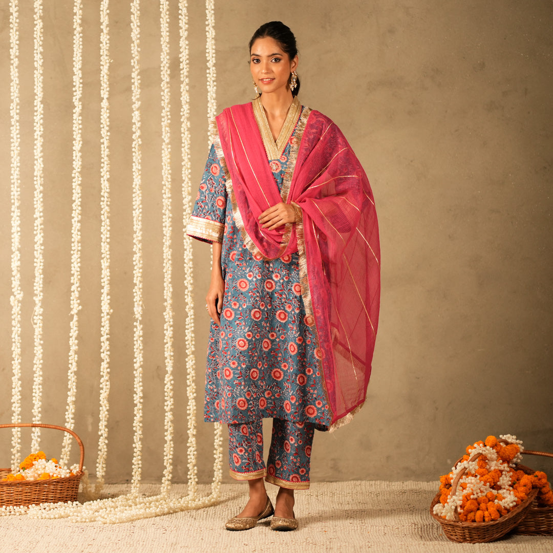 Blue Floral Printed V Neck Long A Line Kurta with Straight Pants and Dupatta (Set of 3)