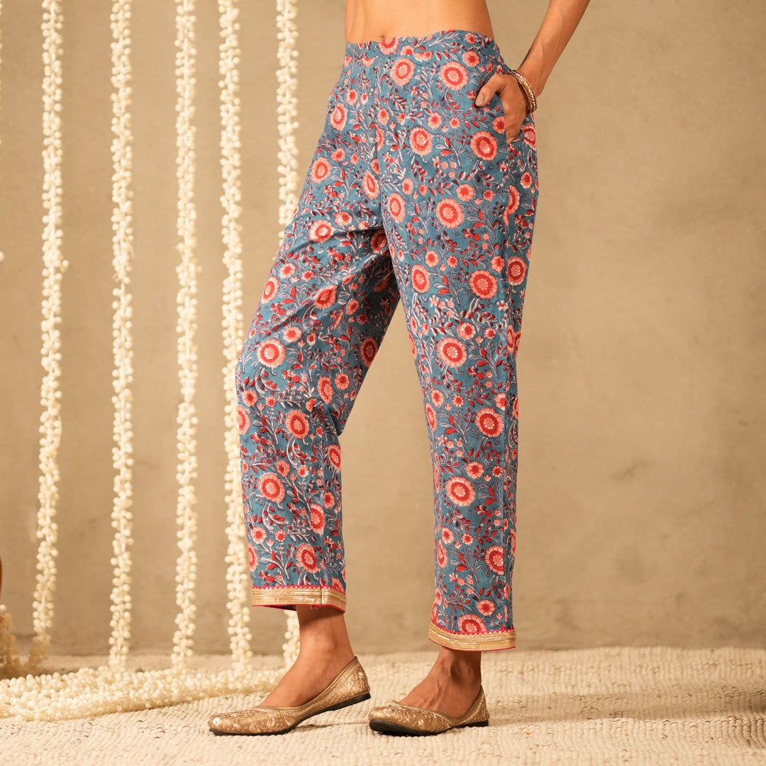 Blue Floral Printed V Neck Long A Line Kurta with Straight Pants and Dupatta (Set of 3)
