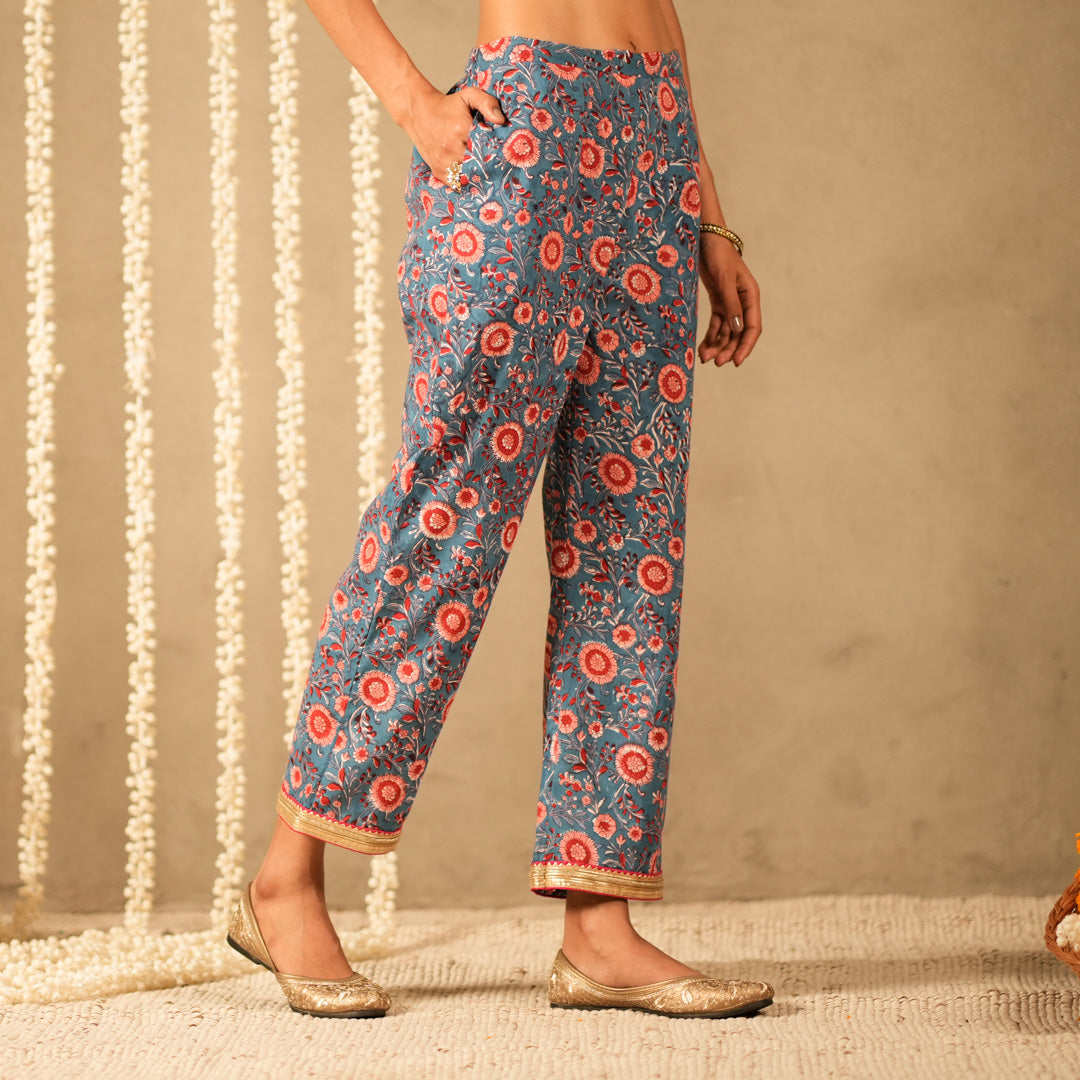 Blue Floral Printed V Neck Long A Line Kurta with Straight Pants and Dupatta (Set of 3)