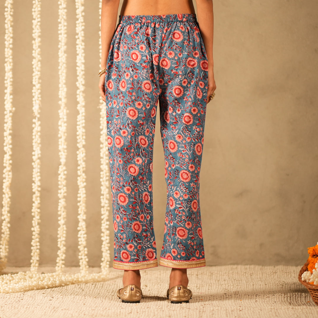 Blue Floral Printed V Neck Long A Line Kurta with Straight Pants and Dupatta (Set of 3)