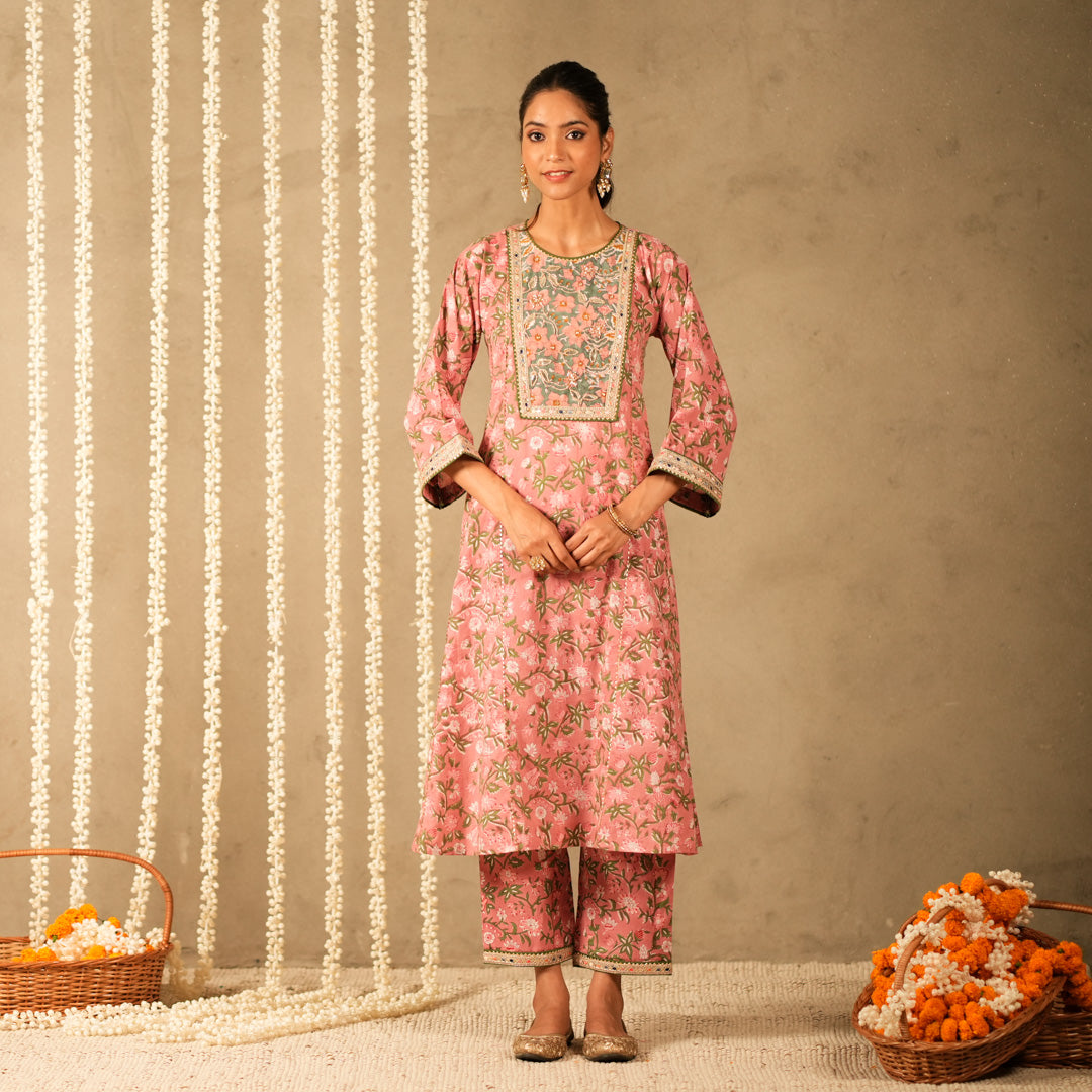Pink Floral Printed Round Neck Kalidar Anarkali with Yoke with Straight Pants (Set of 2)