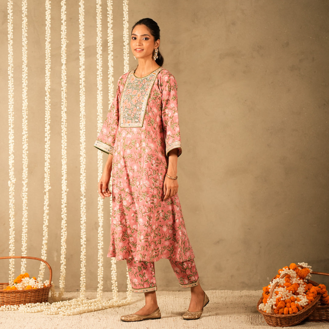 Pink Floral Printed Round Neck Kalidar Anarkali with Yoke with Straight Pants (Set of 2)