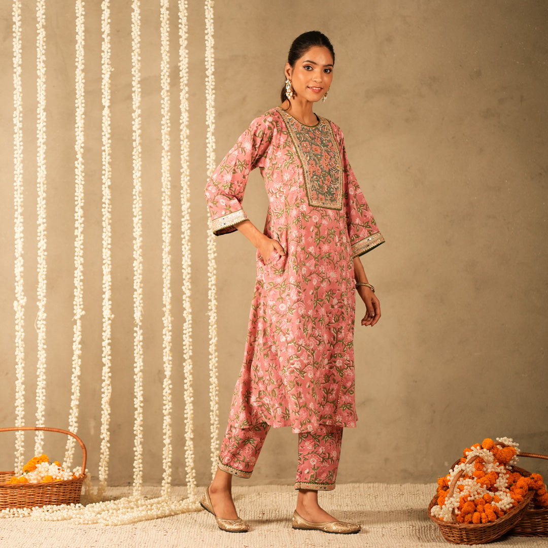 Pink Floral Printed Round Neck Kalidar Anarkali with Yoke with Straight Pants (Set of 2)