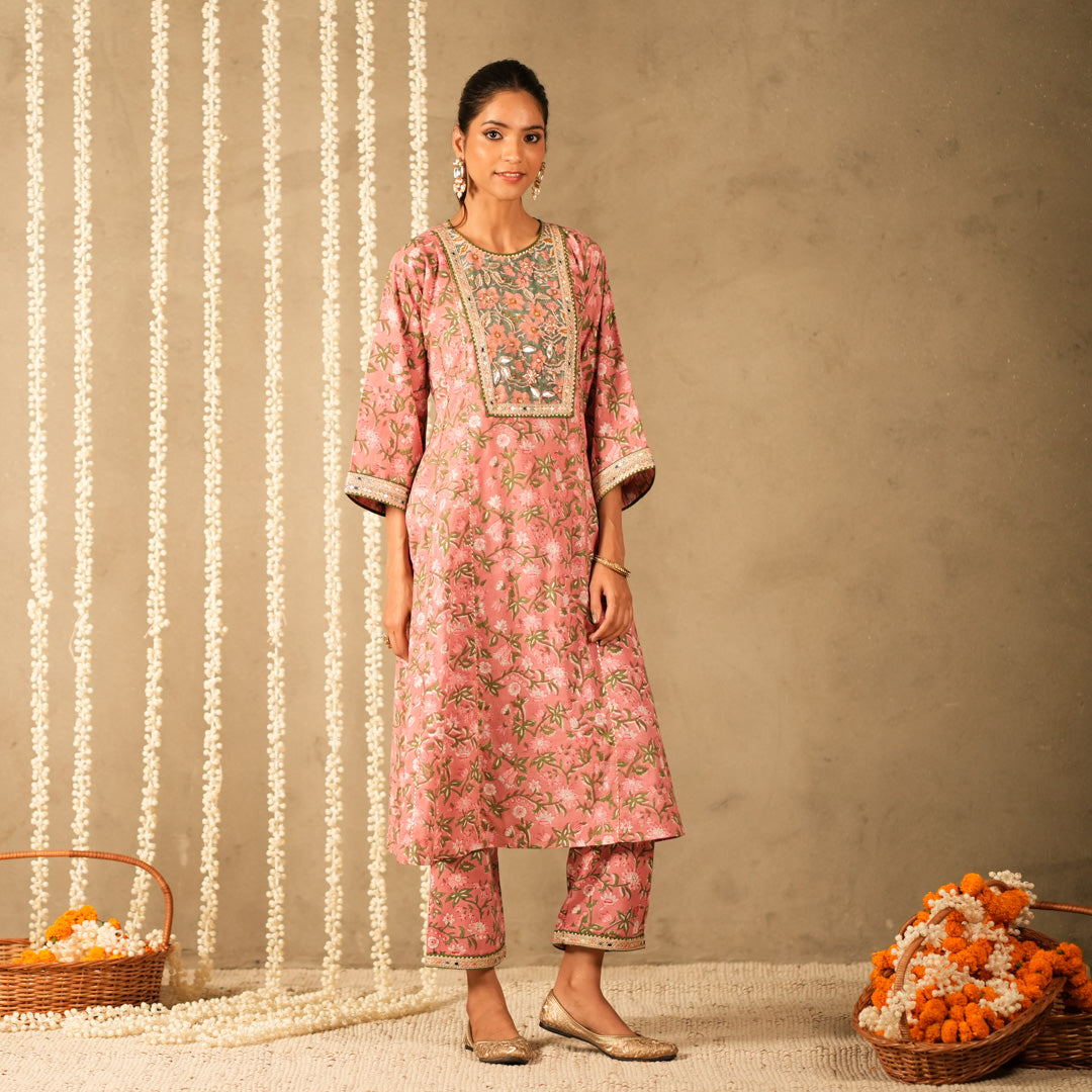 Pink Floral Printed Round Neck Kalidar Anarkali with Yoke with Straight Pants (Set of 2)