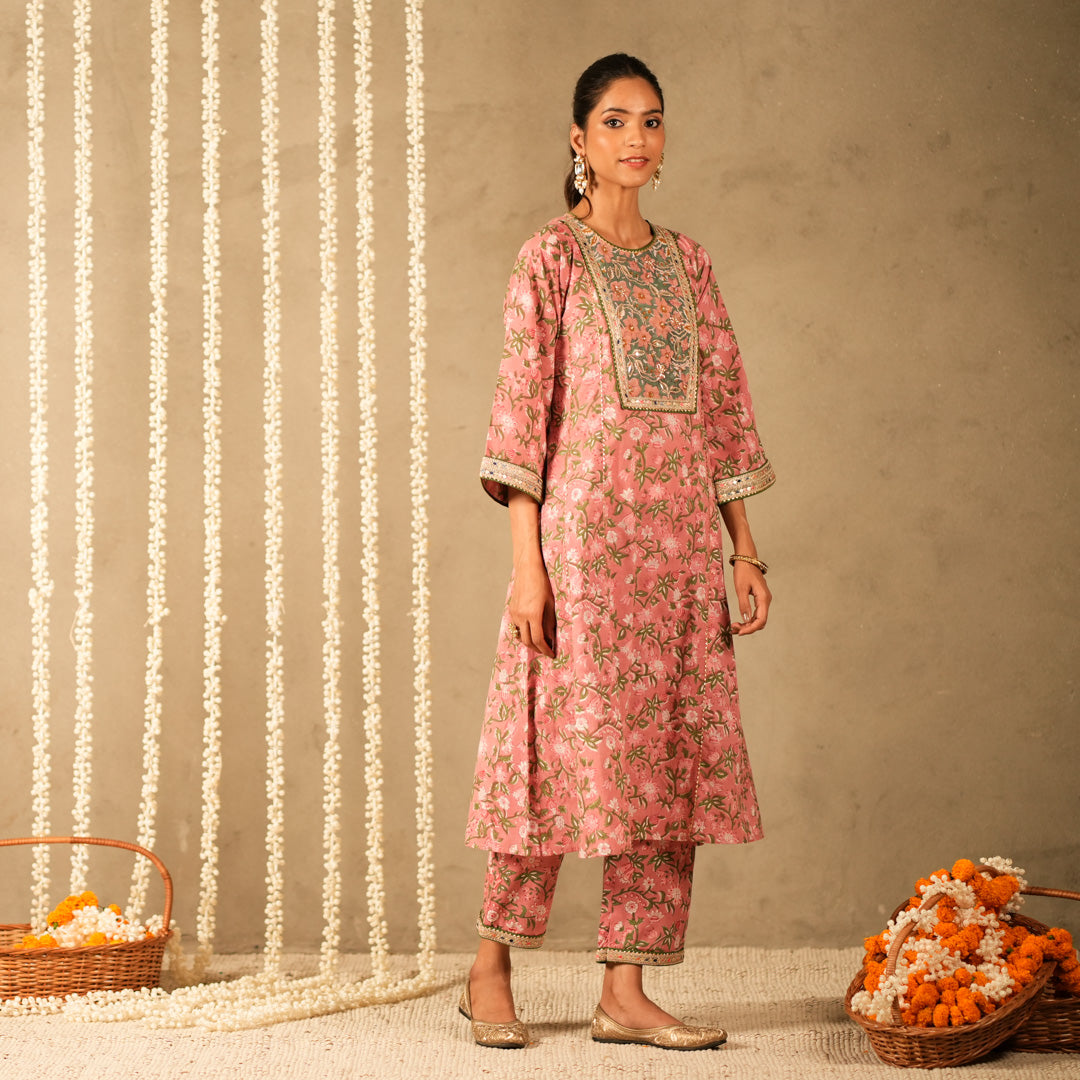 Pink Floral Printed Round Neck Kalidar Anarkali with Yoke