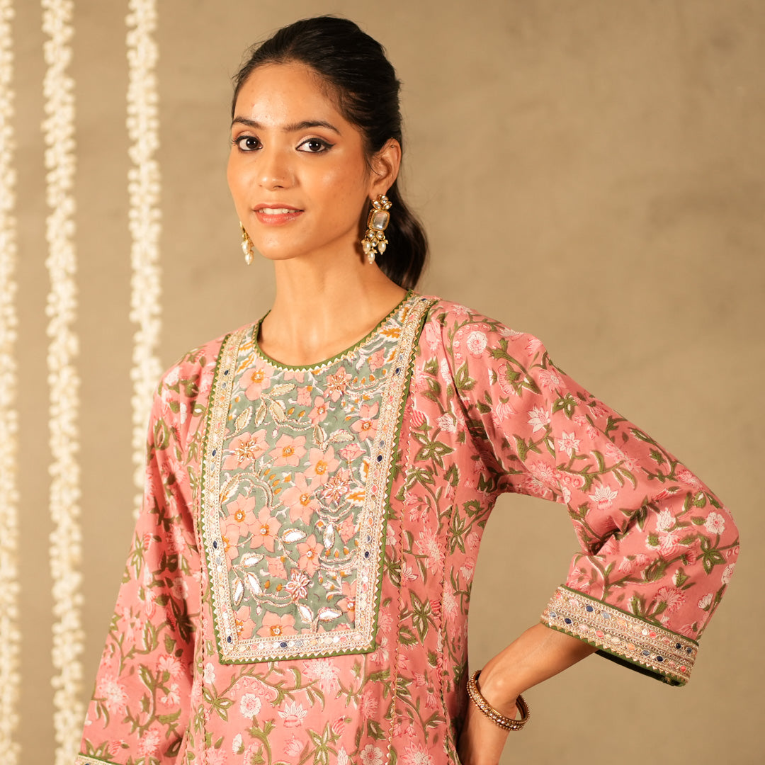Pink Floral Printed Round Neck Kalidar Anarkali with Yoke with Straight Pants (Set of 2)