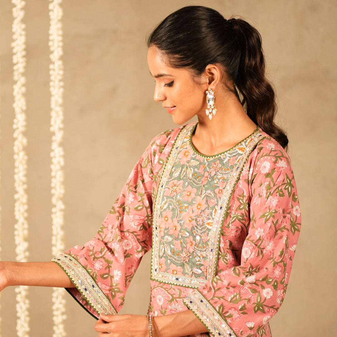 Pink Floral Printed Round Neck Kalidar Anarkali with Yoke with Straight Pants (Set of 2)