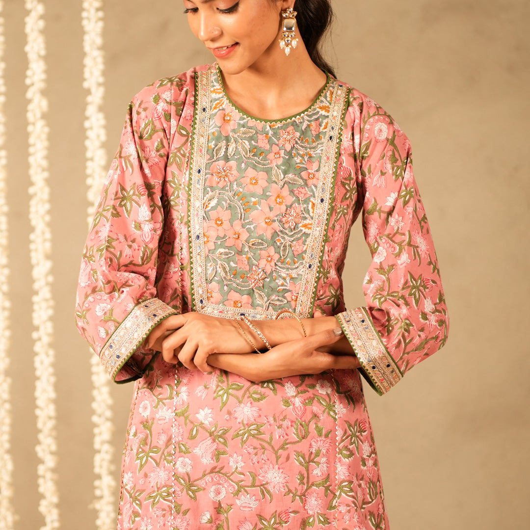 Pink Floral Printed Round Neck Kalidar Anarkali with Yoke with Straight Pants (Set of 2)