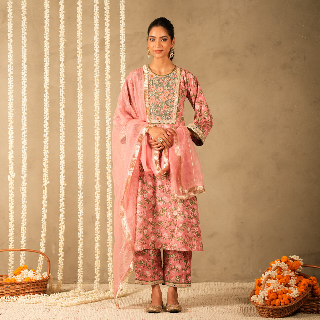 Pink Floral Printed Round Neck Kalidar Anarkali with Yoke with Straight Pants and Dupatta (Set of 3)