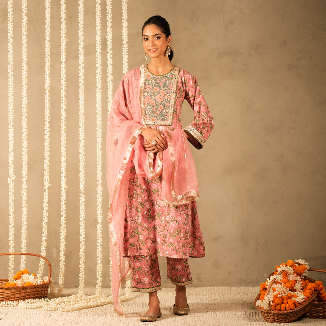 Pink Floral Printed Round Neck Kalidar Anarkali with Yoke with Straight Pants and Dupatta (Set of 3)