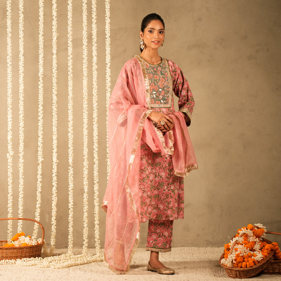 Pink Floral Printed Round Neck Kalidar Anarkali with Yoke with Straight Pants and Dupatta (Set of 3)
