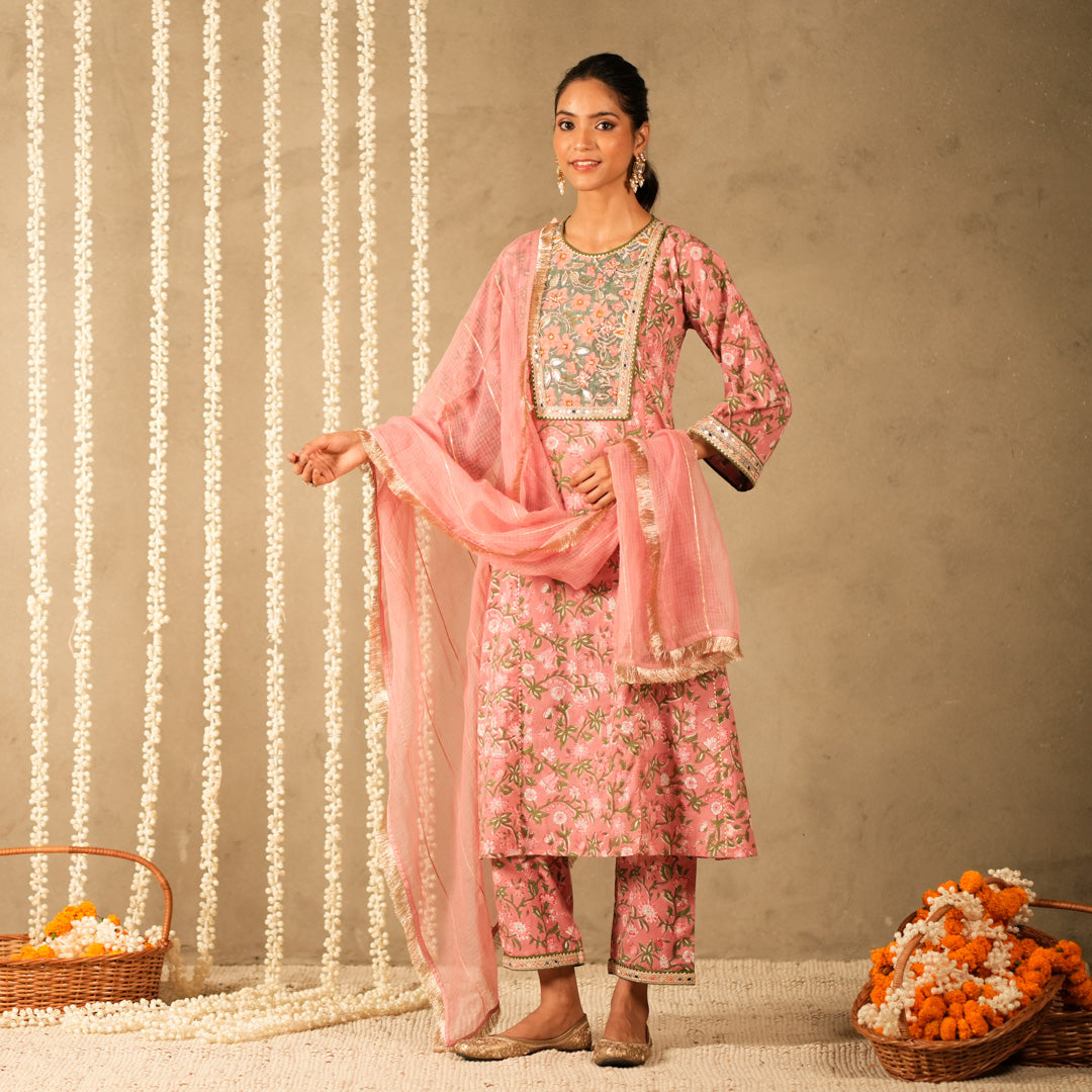 Pink Floral Printed Round Neck Kalidar Anarkali with Yoke with Straight Pants and Dupatta (Set of 3)