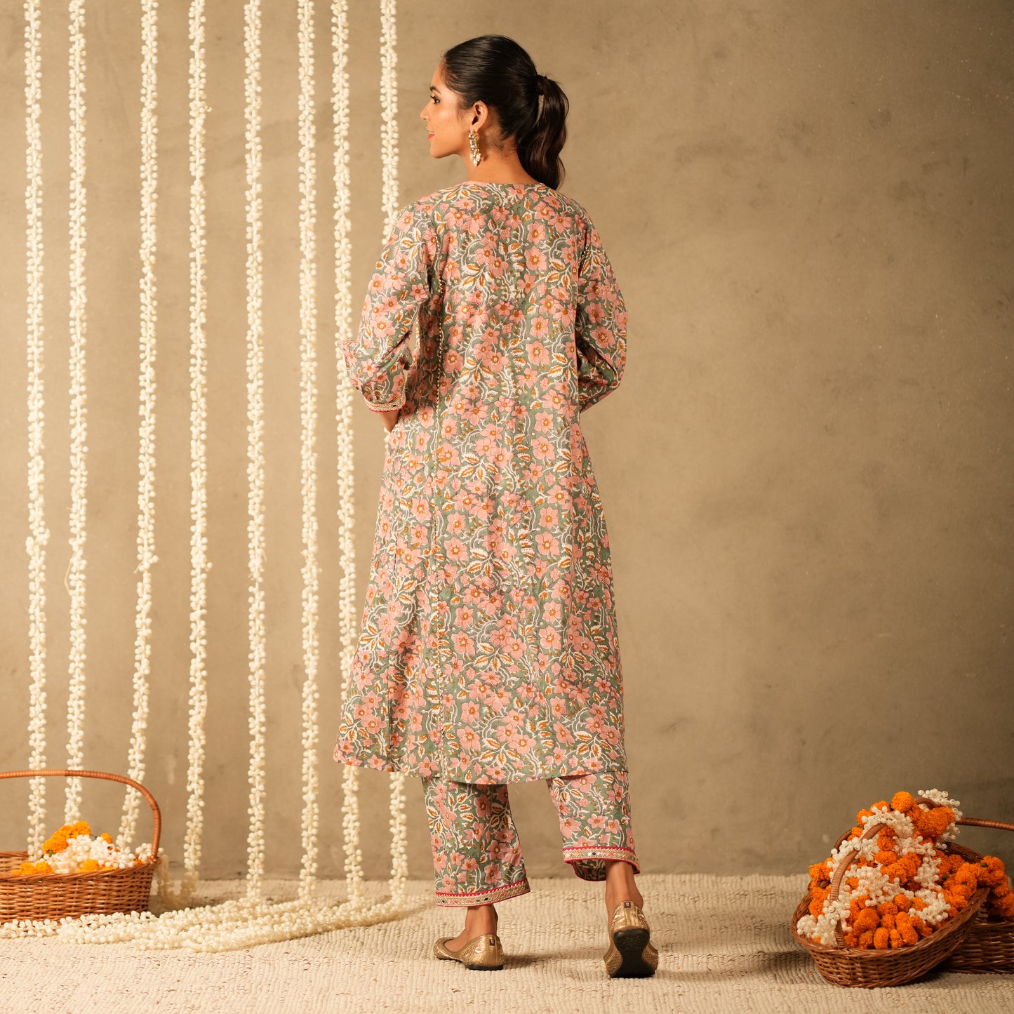 Green Floral Printed V Neck Long Kurta with Front Gathers with Straight Pants (Set of 2)