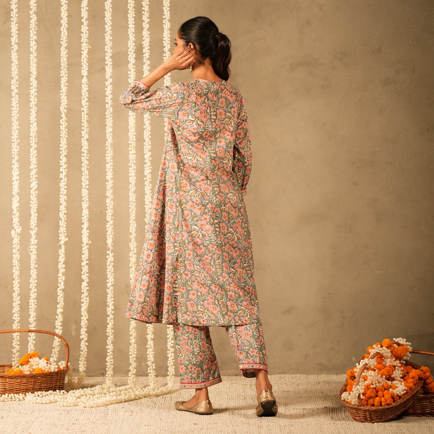Green Floral Printed V Neck Long Kurta with Front Gathers with Straight Pants (Set of 2)