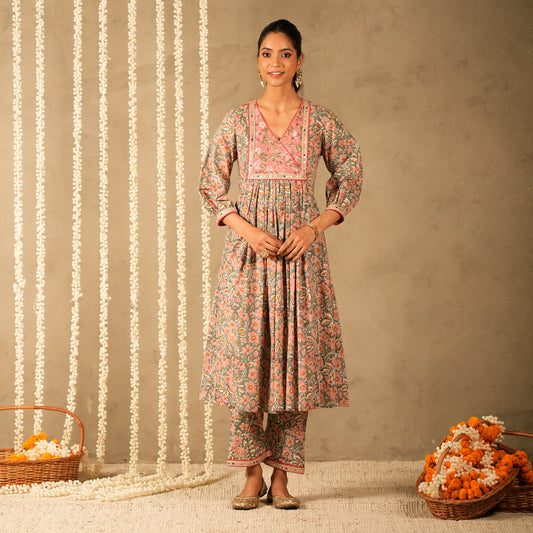 Green Floral Printed V Neck Long Kurta with Front Gathers with Straight Pants (Set of 2)