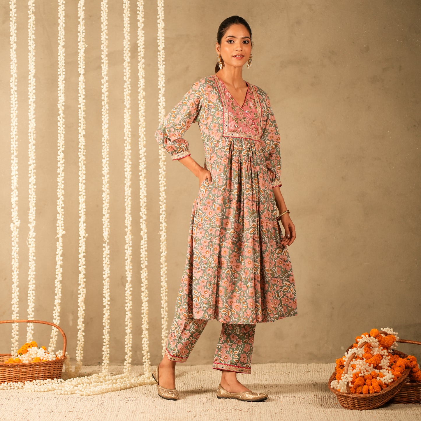 Green Floral Printed V Neck Long Kurta with Front Gathers with Straight Pants (Set of 2)