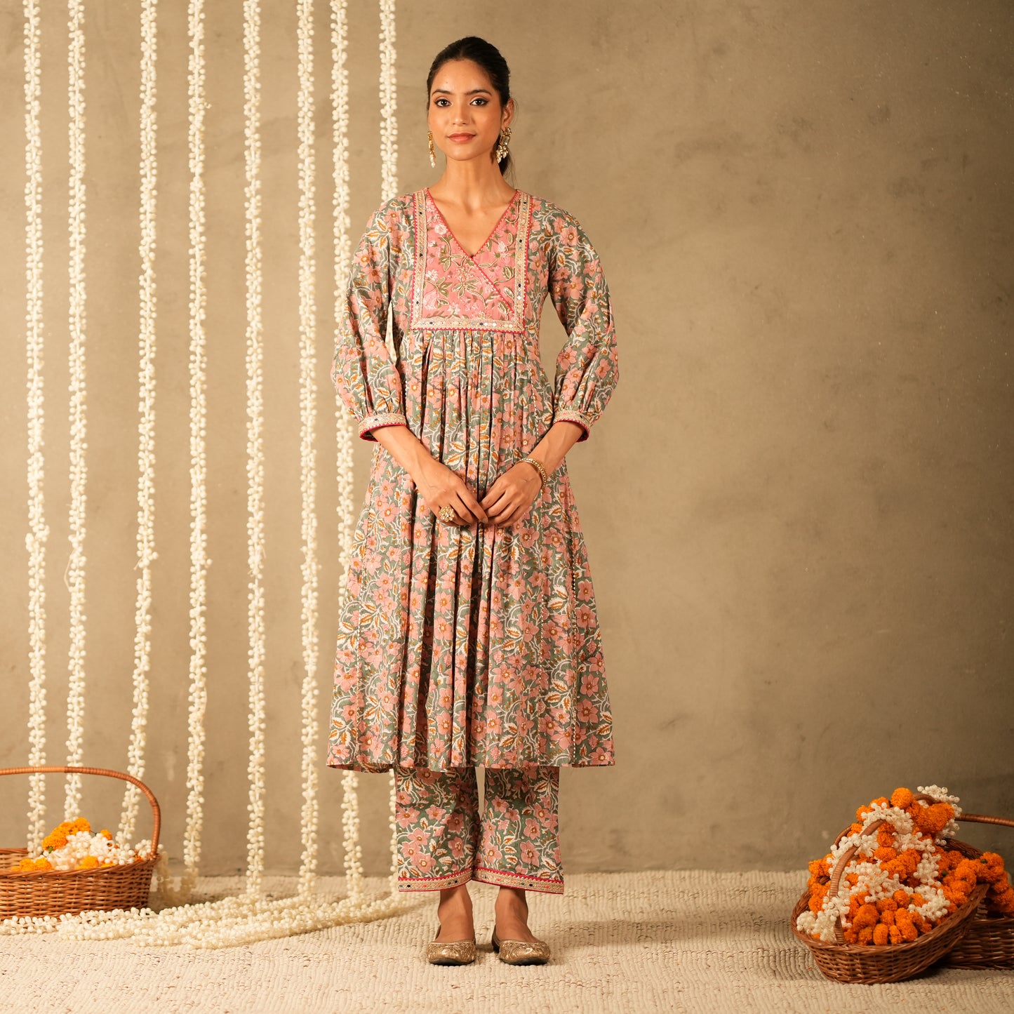Green Floral Printed V Neck Long Kurta with Front Gathers with Straight Pants (Set of 2)