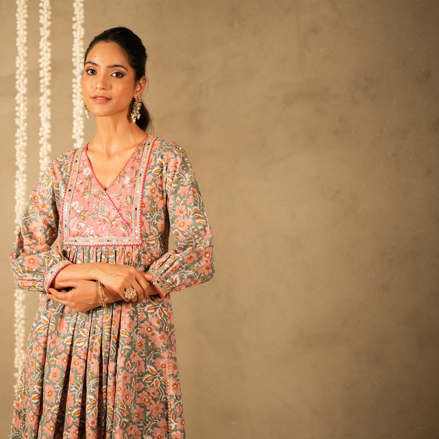 Green Floral Printed V Neck Long Kurta with Front Gathers